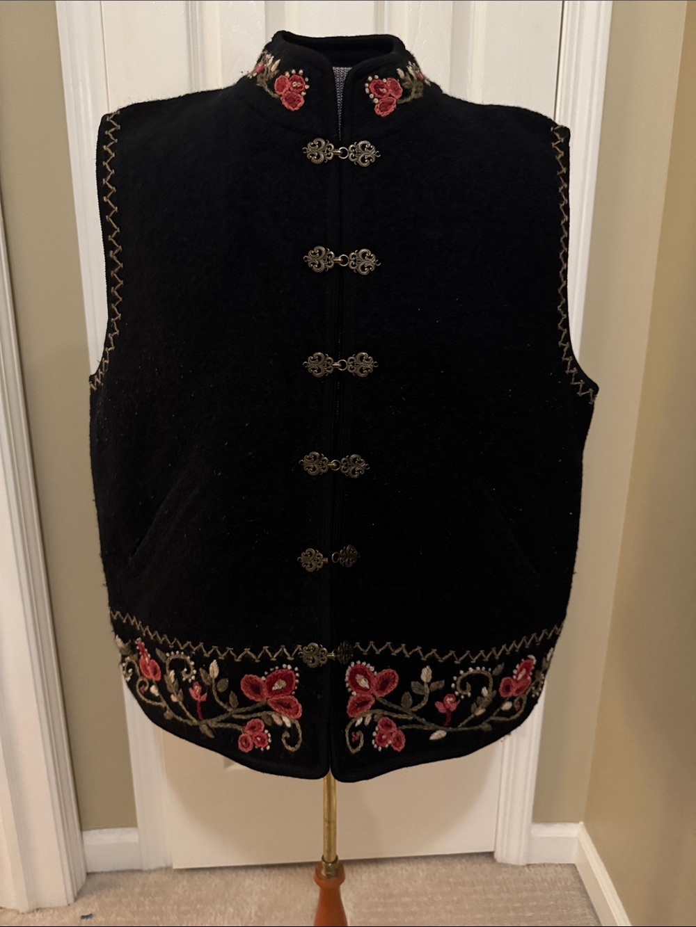 Black Floral Embroidered Wool Vest